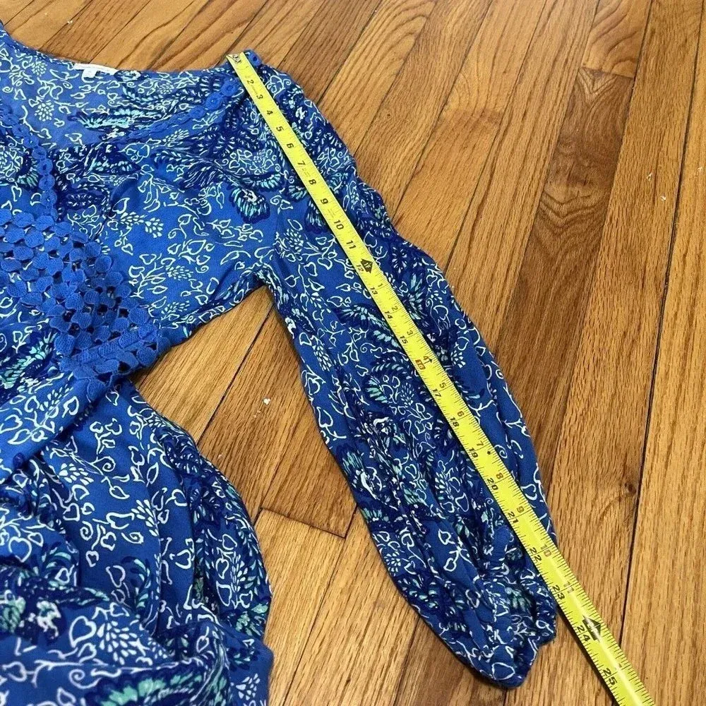 Poupette St Barth Joan Maxi Crochet Waist Dress‎ in Blue Malva Bird Print XS - Image 12