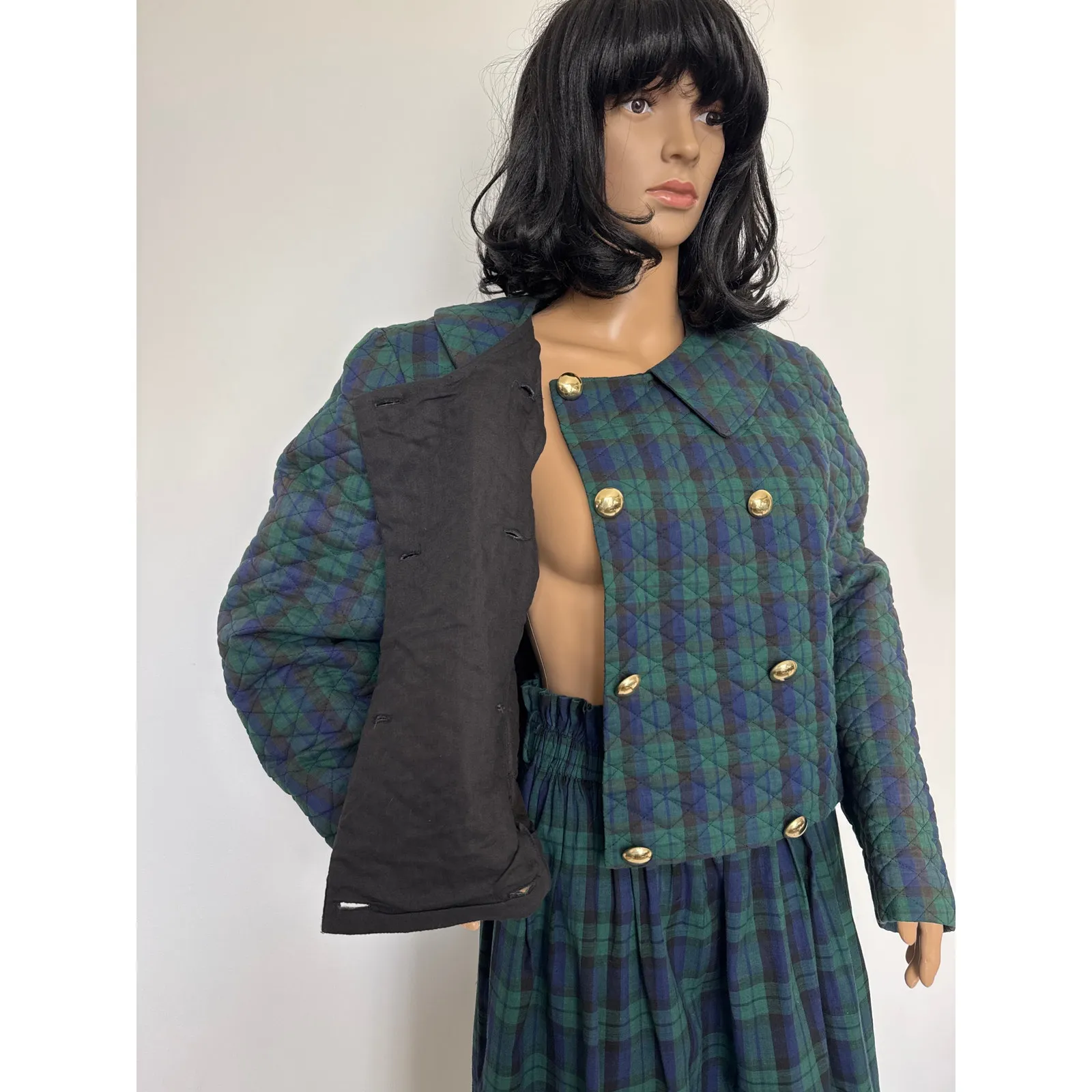 Vintage Cullinane Quilted Plaid Jacket & Skirt Set preppy Made in USA medium Green - Image 6