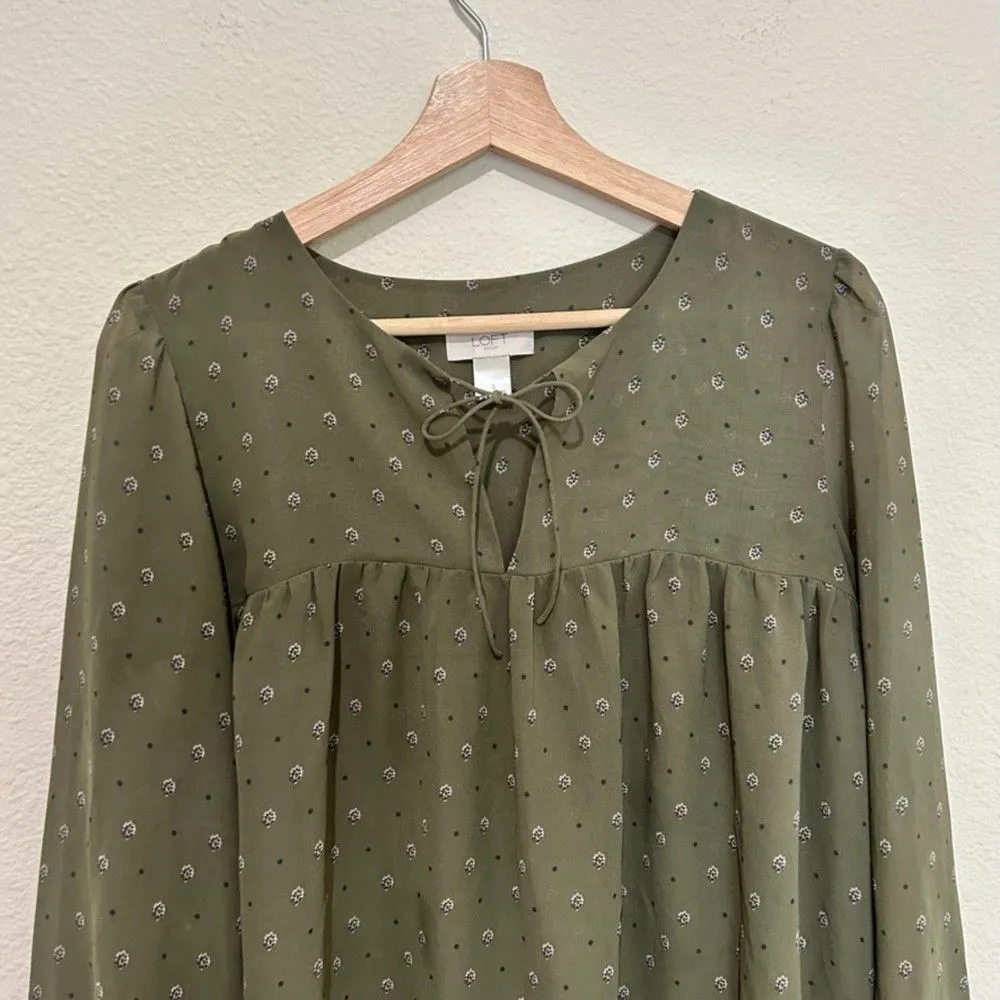 LOFT Floral Keyhole Babydoll Top Womens Size‎ S Long Sleeve Sheer Green - Image 2