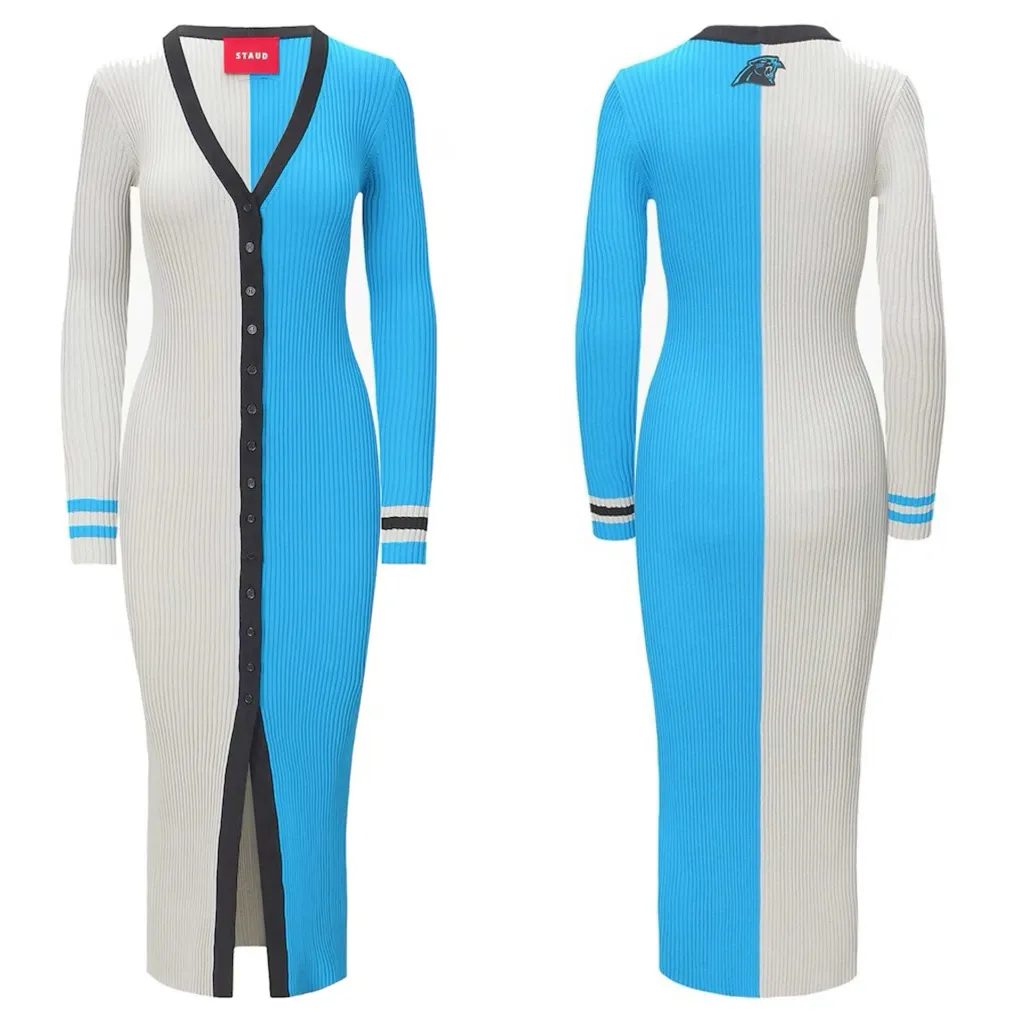 STAUD x Carolina Panthers Shoko Knit Sweater Dress Cardigan Blue Silver Size XS - Image 3