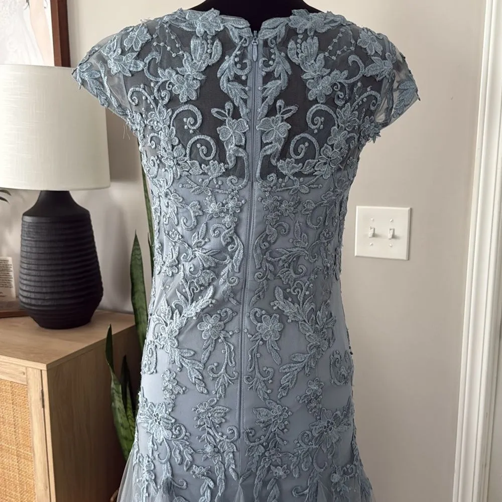 Azazie Dusty Blue Mermaid Sequin Tulle Laurie Romy Floor Cap Sleeve Formal Dress - Image 3