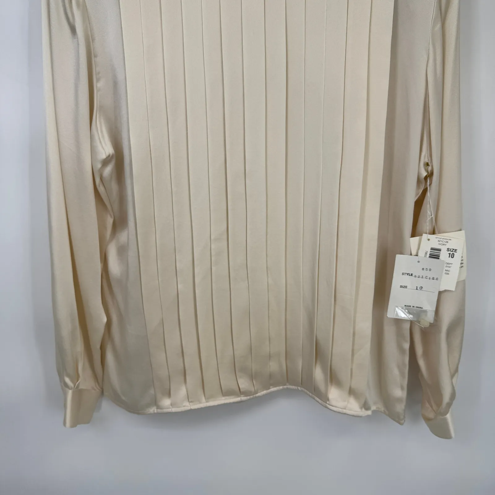 Vintage Preston York Mock Neck Pleated Career Blouse Top Womens 10 Ivory Silk - Image 3