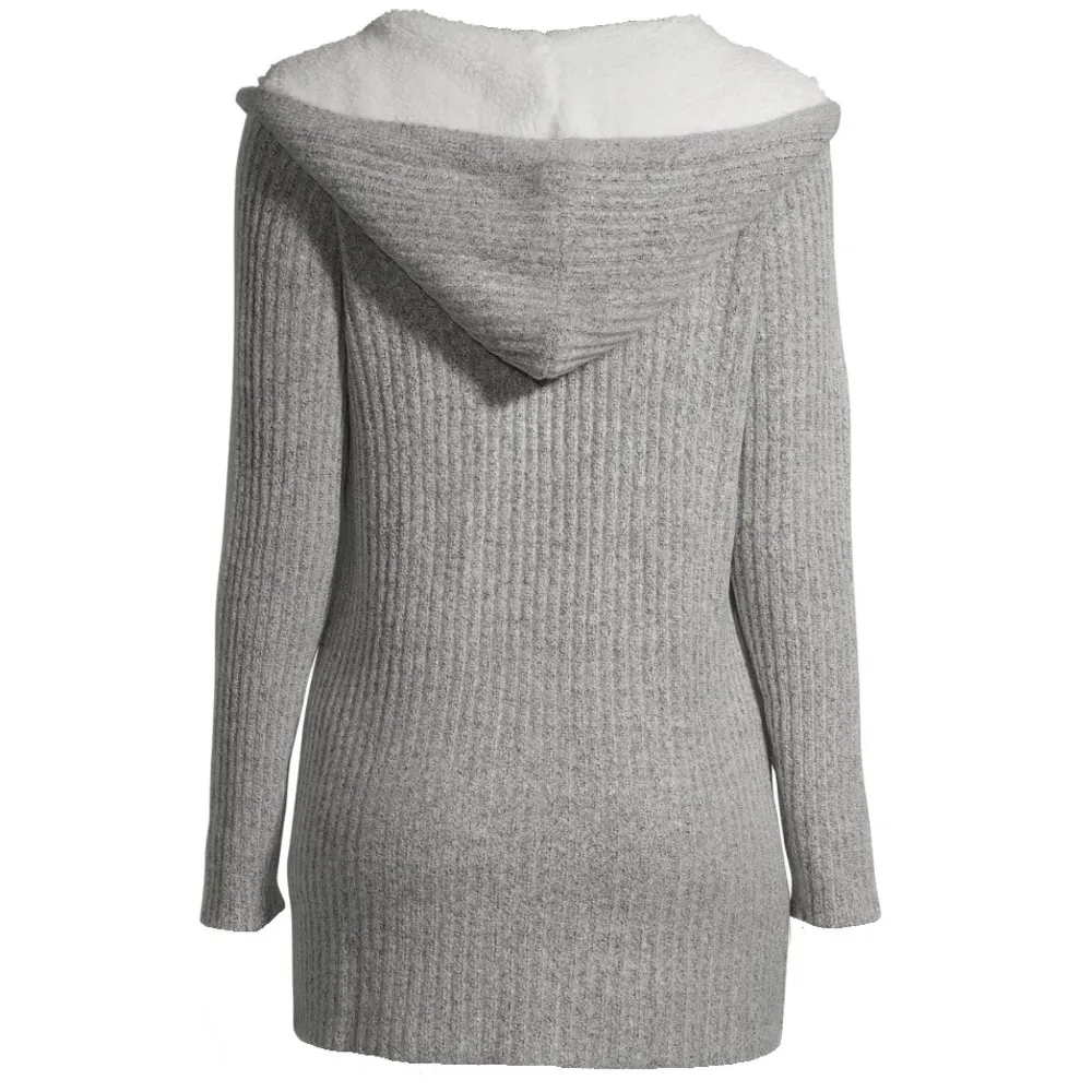 Women’s Grey Hooded Faux Sherpa Long Sleeve Ribbed Cardigan - Image 2