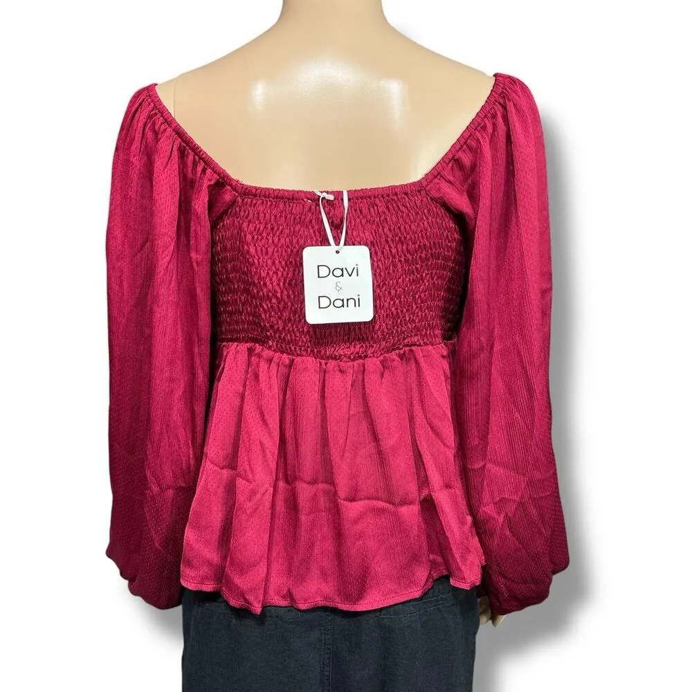 Davi & Dani Womens Satin Blouse Shirt Top Smocked Square Neck Balloon Sleeve Red - Image 3