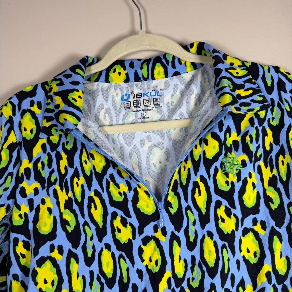 IBKUL GEMMA Periwinkle Multi Leopard Long Sleeve Mock Golf Shirt Size Large Green - Image 10