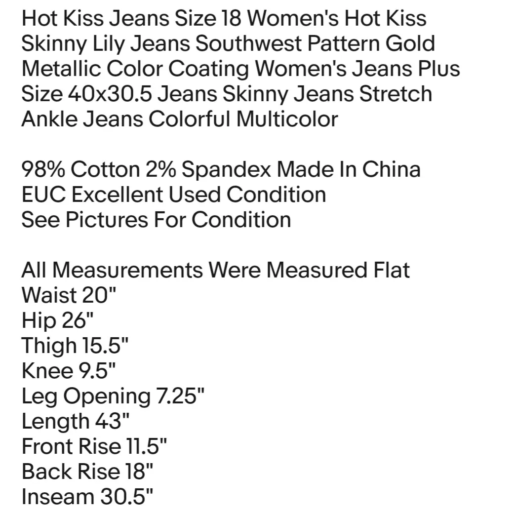 Hot Kiss Jeans Size 18 Women's Hot Kiss Skinny Lily Jeans Southwest Pattern Gold  - Image 7