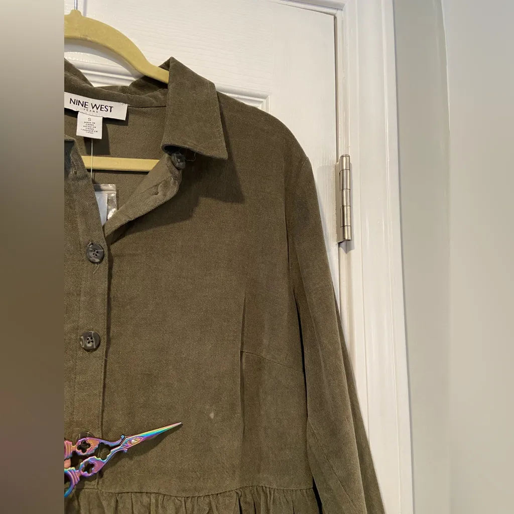 NWT Nine West Olive Green Velvet Button Front Collared Long Sleeve Mini Dress - Image 8