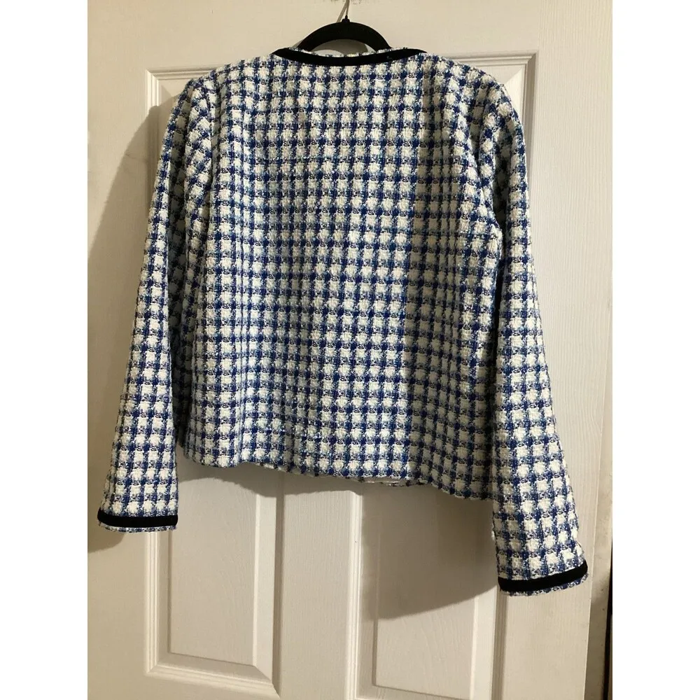 SHEIN Tweed Jacket Womens XL Blue White Plaid Gold Button Cropped Boxy Blazer - Image 3