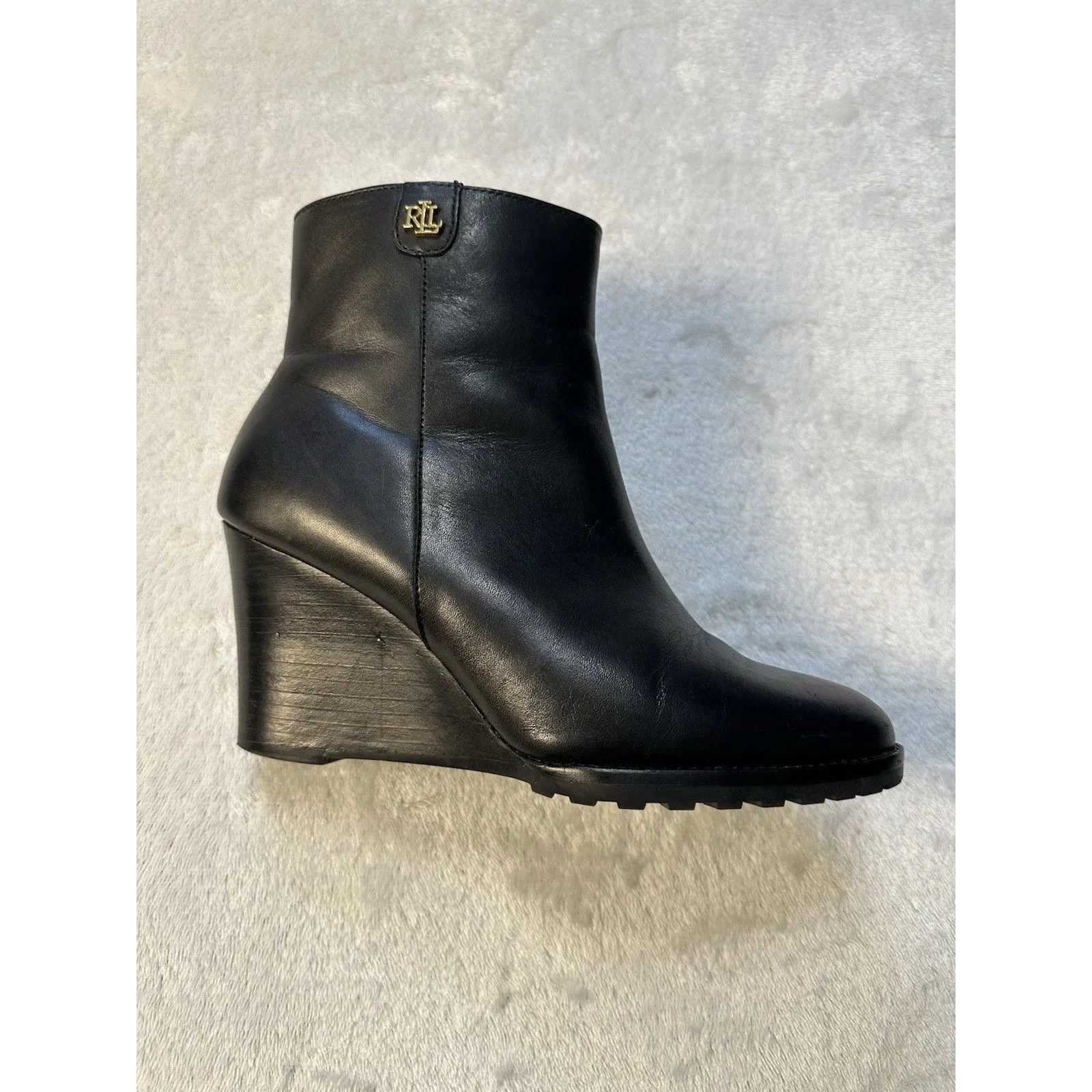 LAUREN Ralph Lauren Shaley black leather wedge ankle booties boots US 6 - Image 8