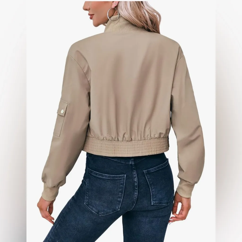 NEW Crop Bomber Jacket Lightweight Zip Up Stand Collar Short Jacket Pockets M Tan Size M - Image 2