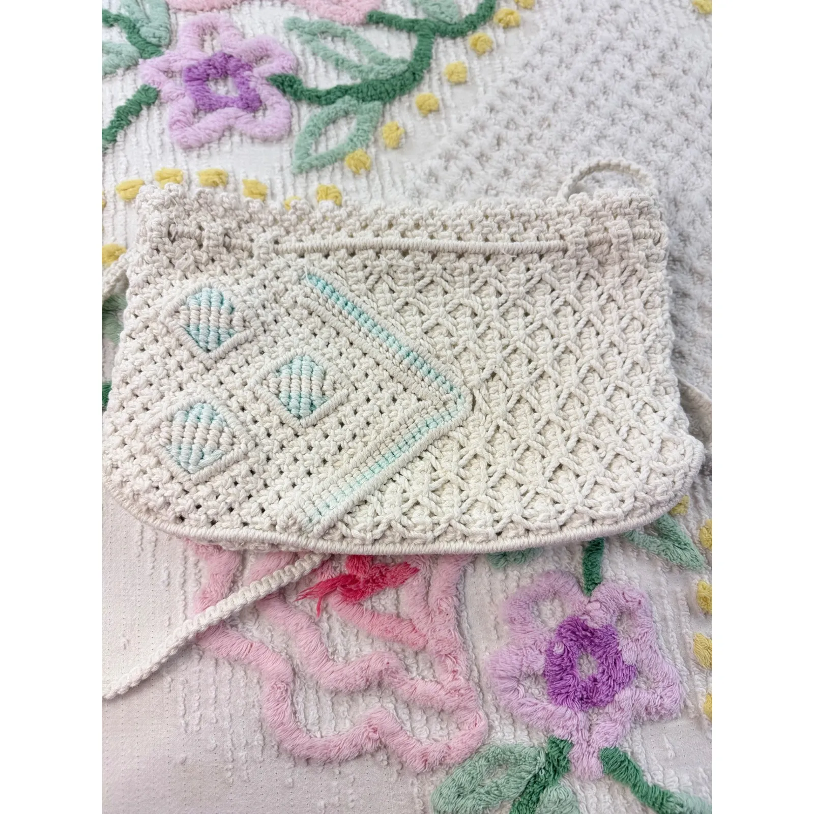 Vintage Boho Macrame Shoulder Bag Cream Crochet Clutch Small Purse - Image 2