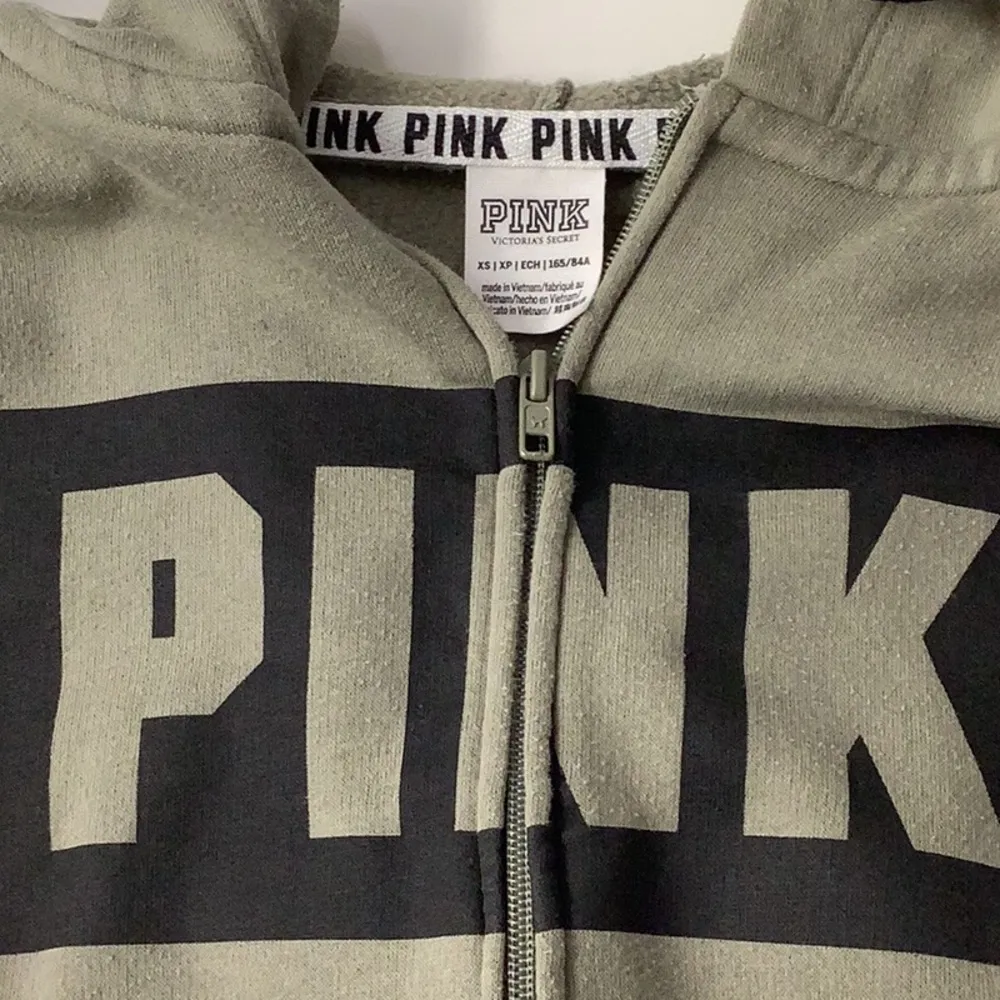PINK - Victoria's Secret Pink olive green hoodie zip up jacket with front pockets (Preowned) - Image 5