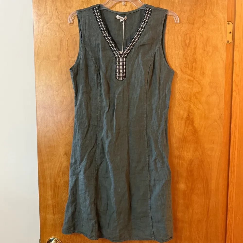 LINA TOMEI Pure Linen Shift Dress Sleeveless Beaded V - Image 7