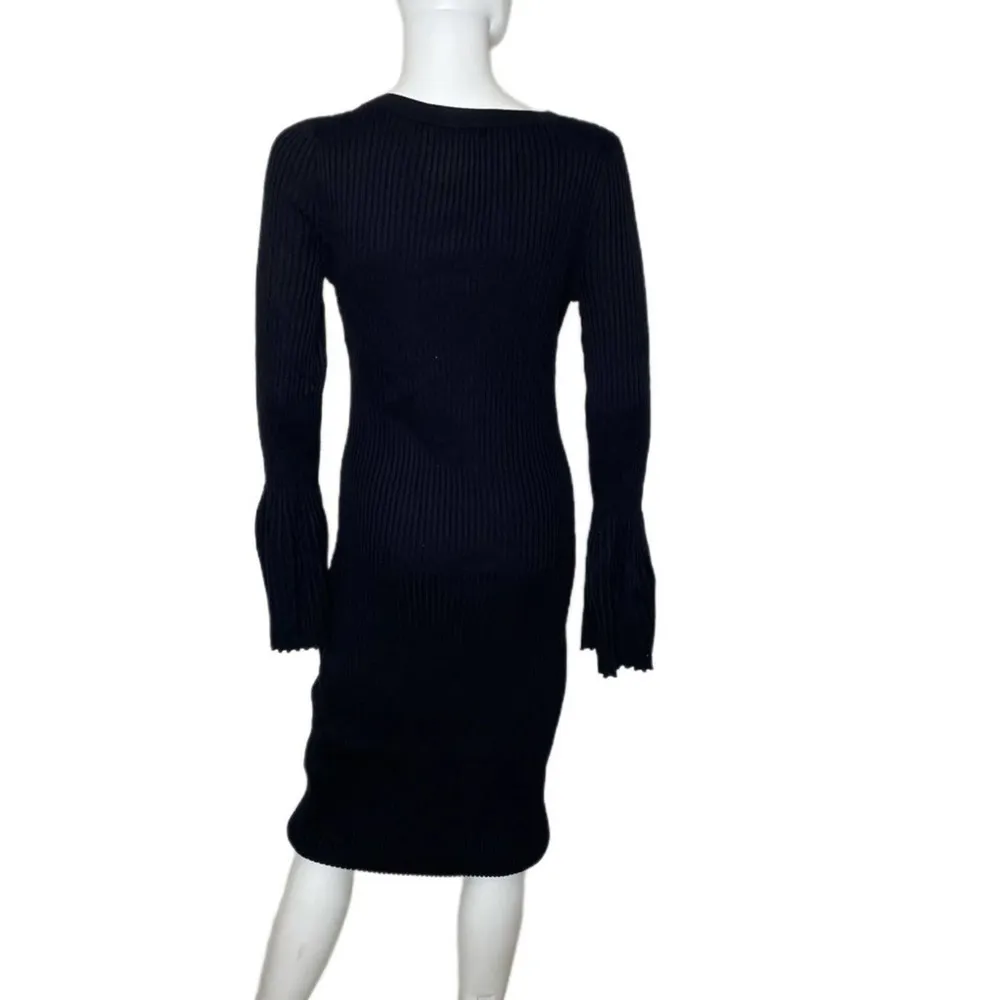 Bar III Women's Deep Black Long Bell Sleeve Cable Knit Sweater Midi Dress sz L - Image 4