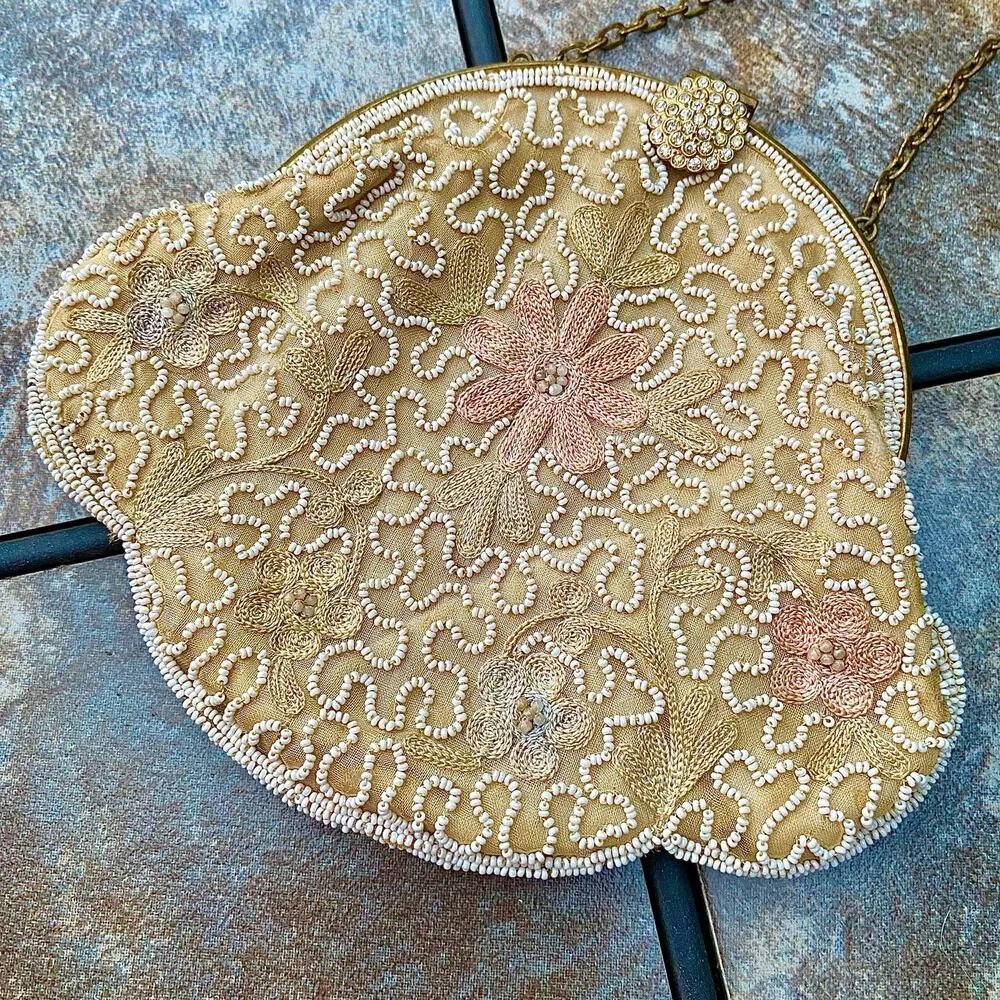 Vintage Beaded Embroidered Satin Evening Purse with Unique Floral Design - Image 2