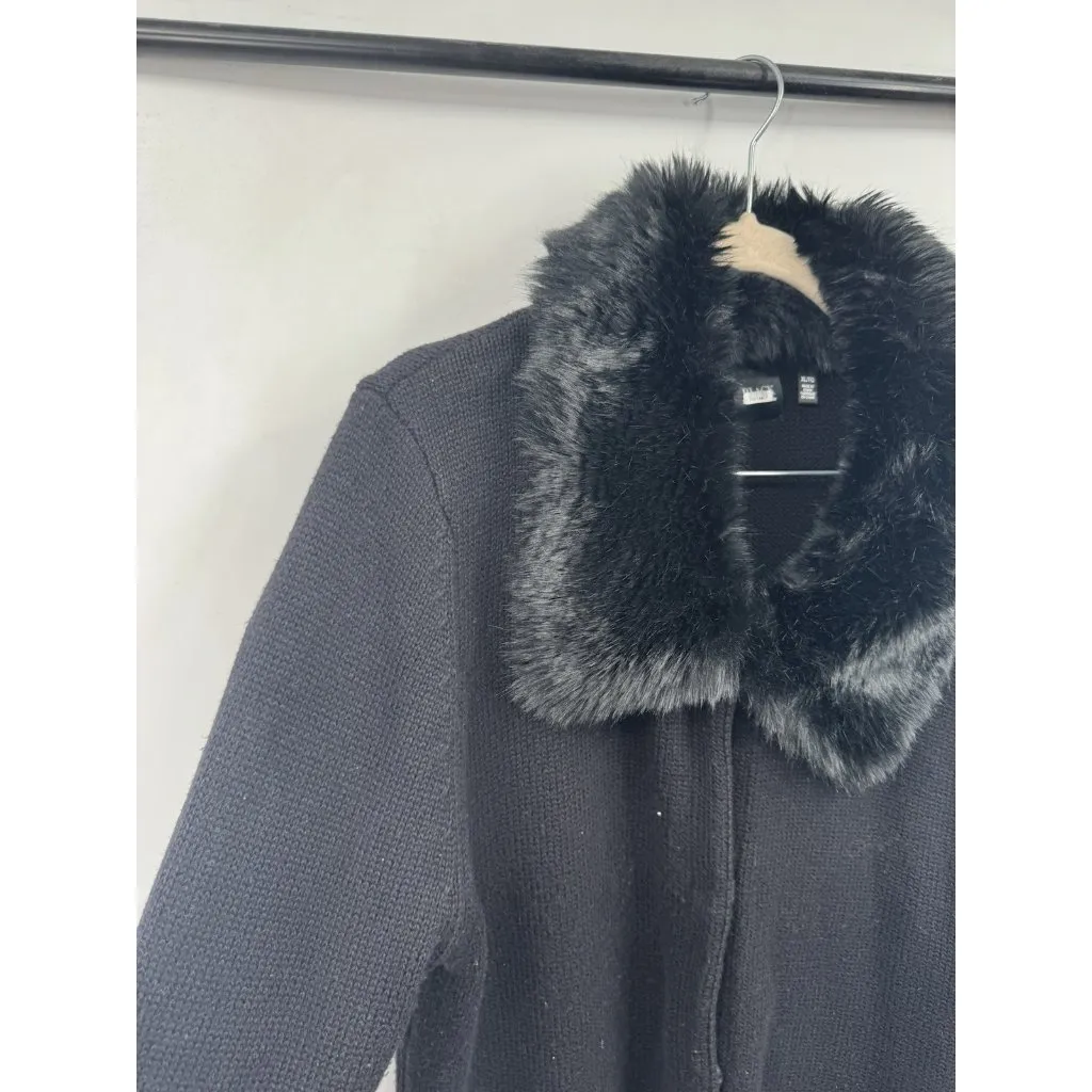 Black Saks Fifth Ave Faux Fur Trim Snap Up‎ Sweater Women XL Old Money - Image 6