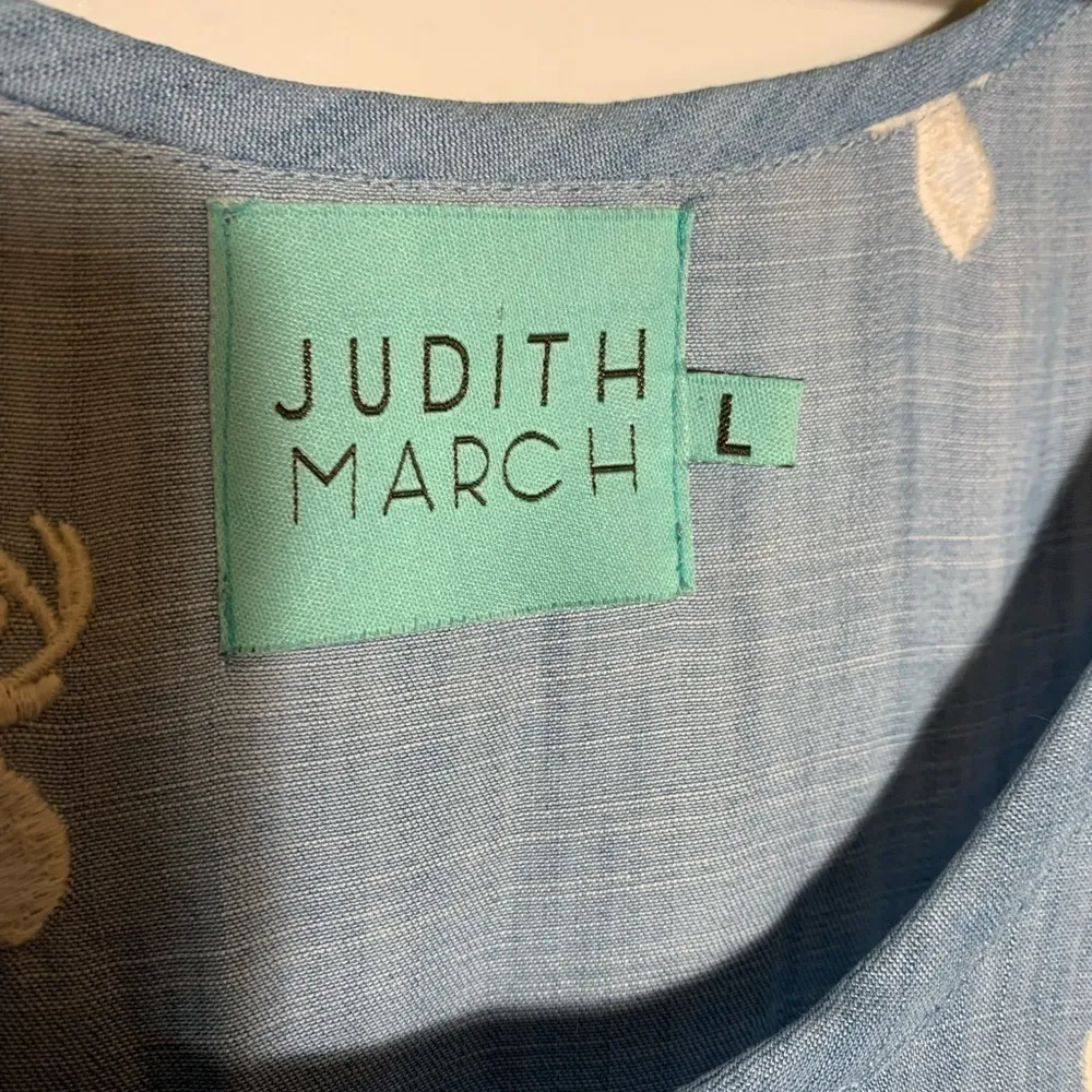 Judith March chambray deer sleeveless blue and white embroidered mini dress L - Image 3