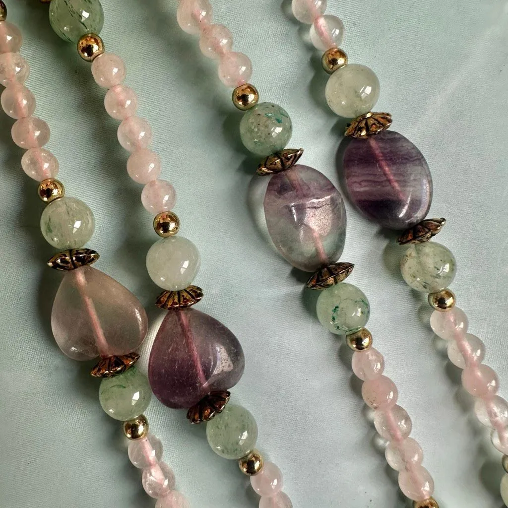 Vintage Fluorite, Rose Quartz & Aventurine Long Necklace w/ Gold - Image 6