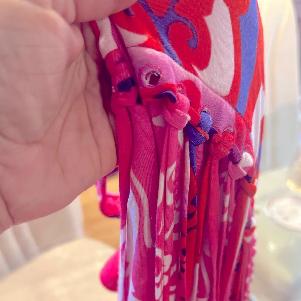 BEBE fringed light pink jersey party going out Moroccan sleeveless print dress S - Image 8