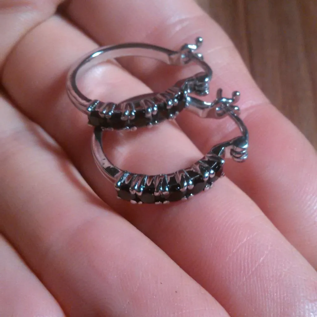 Thai Black Spinel Stainless Steel Hoop Earrings - Image 2