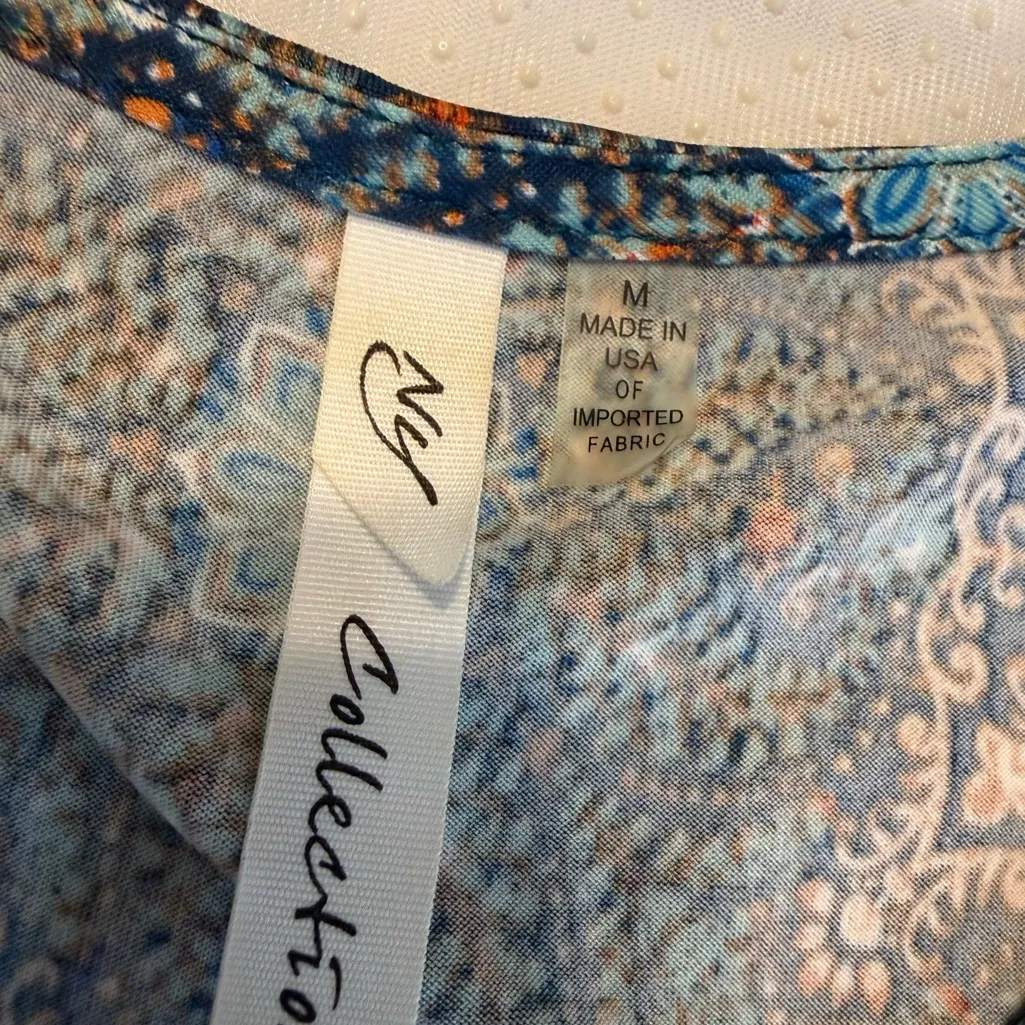 NY Collection Boho Top Asymmetric Hem Size Medium Bell Sleeves Geometric V Neck - Image 6