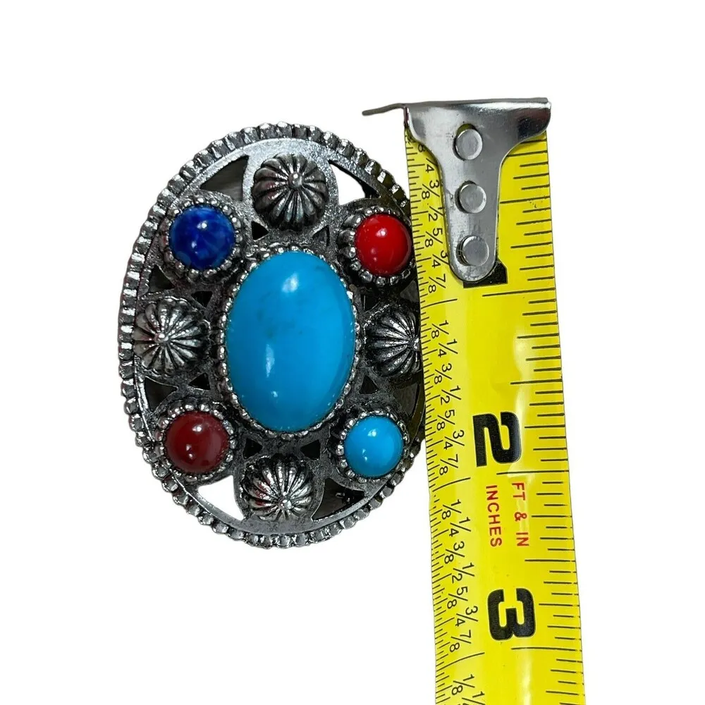 VTG Southwest Look Silver Toned Faux Turquoise Coral Red Blue Stoned Brooch Pin - Image 4