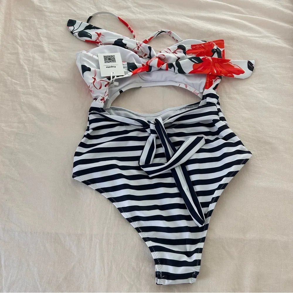 cupshe striped halter floral tie cut out padded boho one piece swimsuit small - Image 5