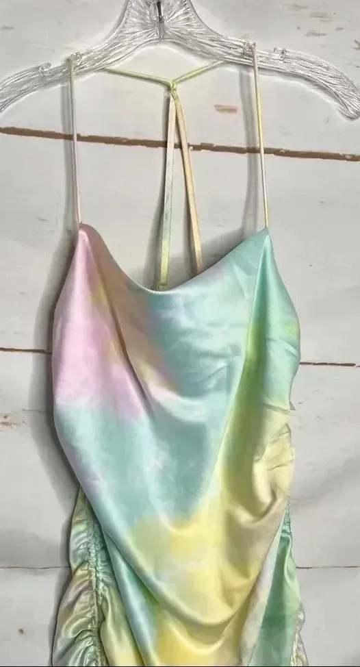 DO + BE Side Ruched Tie Dye Dress Size Medium Adjustable Straps Square Neck Yellow - Image 3