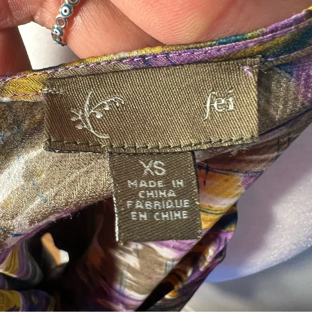 Anthropologie Fei XSBlue Grey Geometric Feather Top Vneck Kimono Drapey Sleeves - Image 11