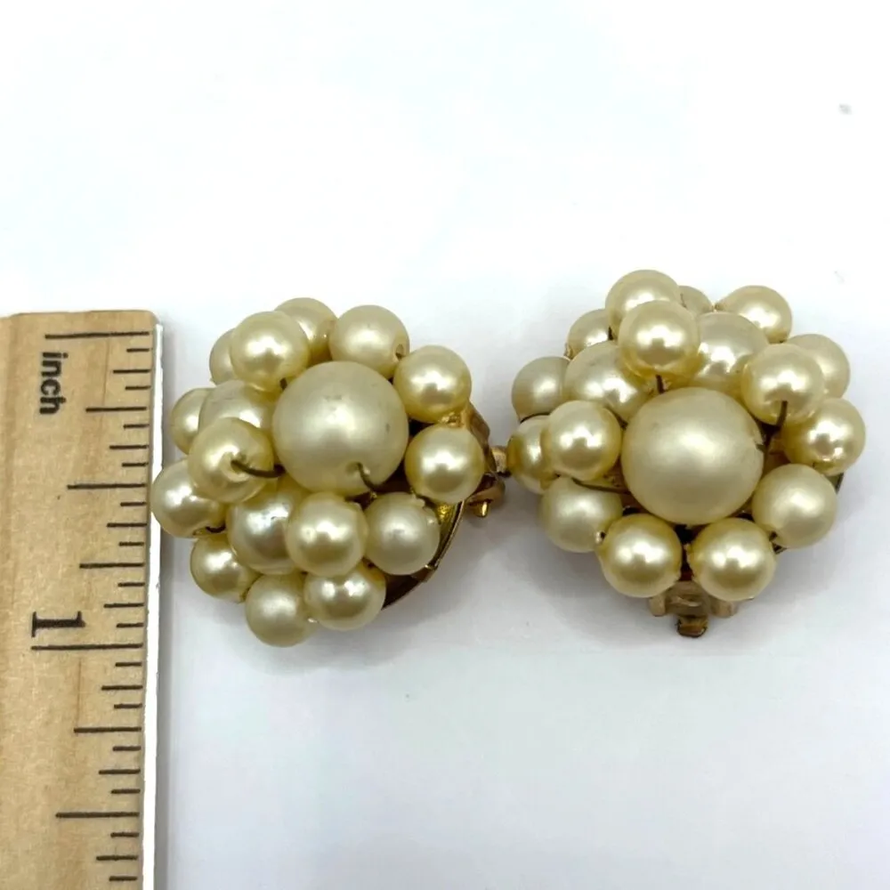 Vintage Trifari Faux Pearl Cluster Clip-On Earrings & Matching Dangle Set A85 - Image 4
