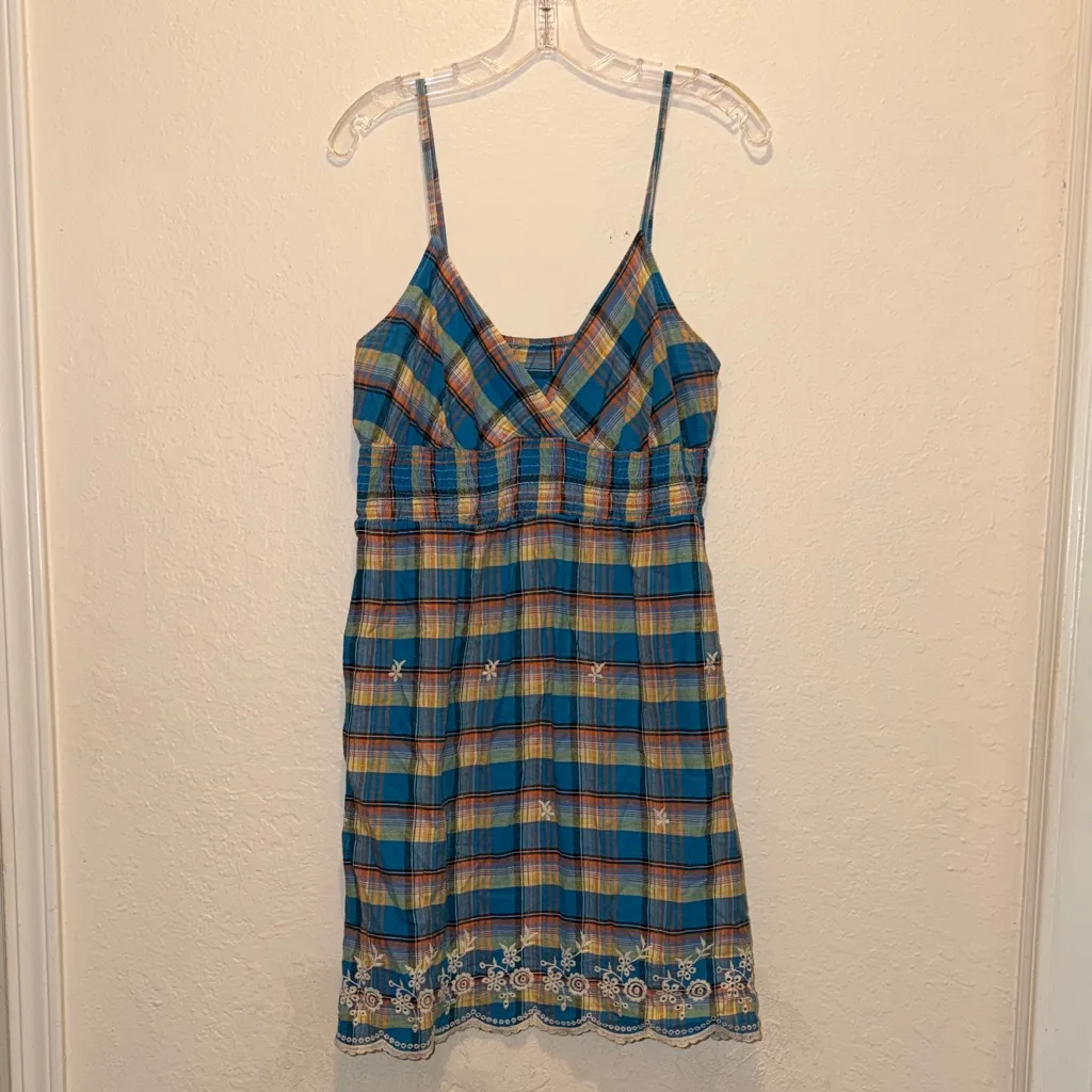 Vintage Plaid Spaghetti Strap Dress with floral embroidery and eyelet lace Blue Size M - Image 2