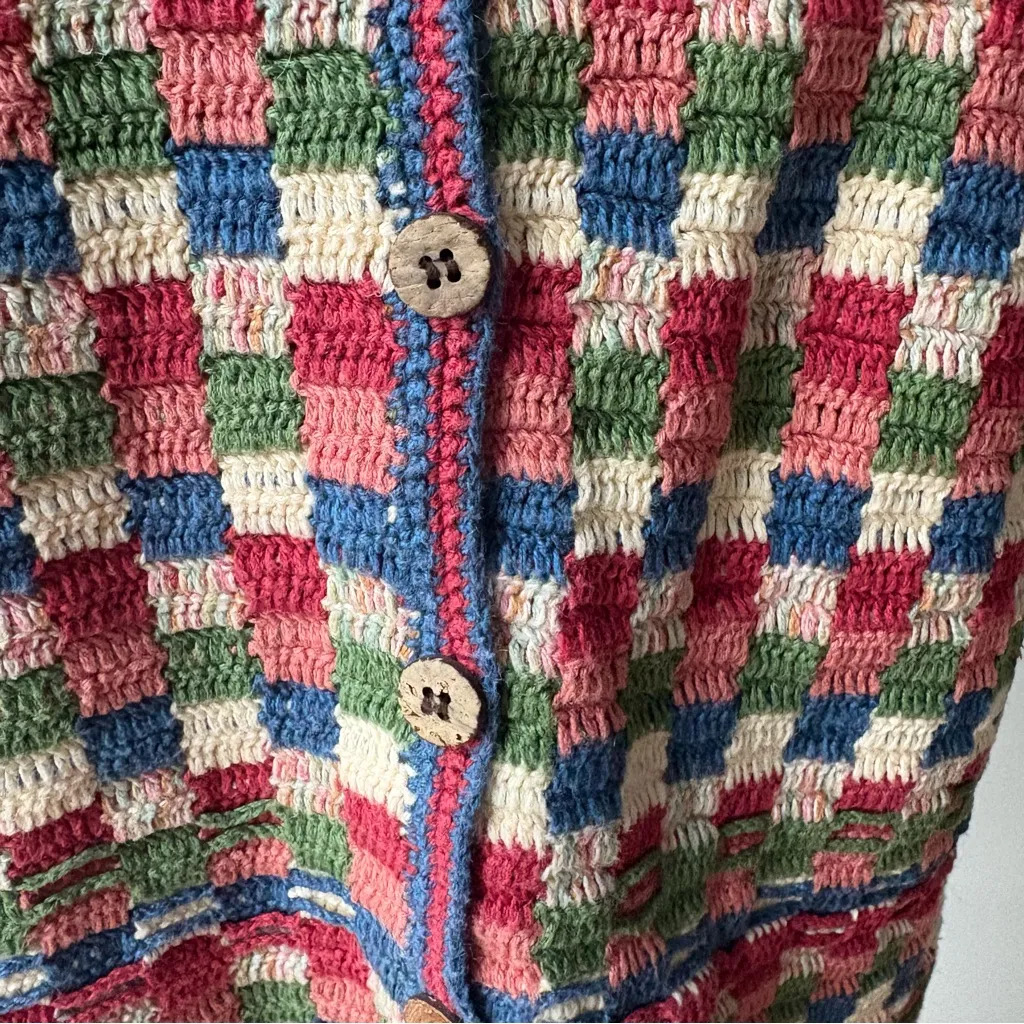 Koret Vintage Retro Hand Knitted Patchwork Sweater Vest, Sz M Blue Size M - Image 11