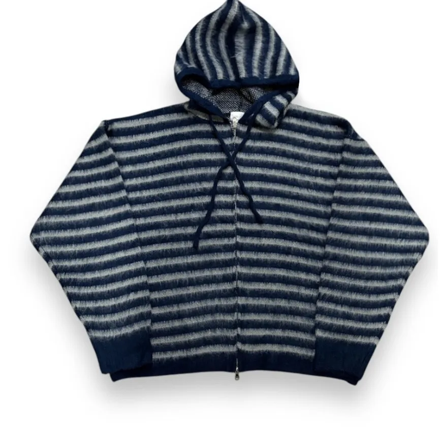 WEEKEND SEOUL Unisex Striped Fuzzy Knit Full Zip Hoodie Oversized Blue Size XL - Image 9
