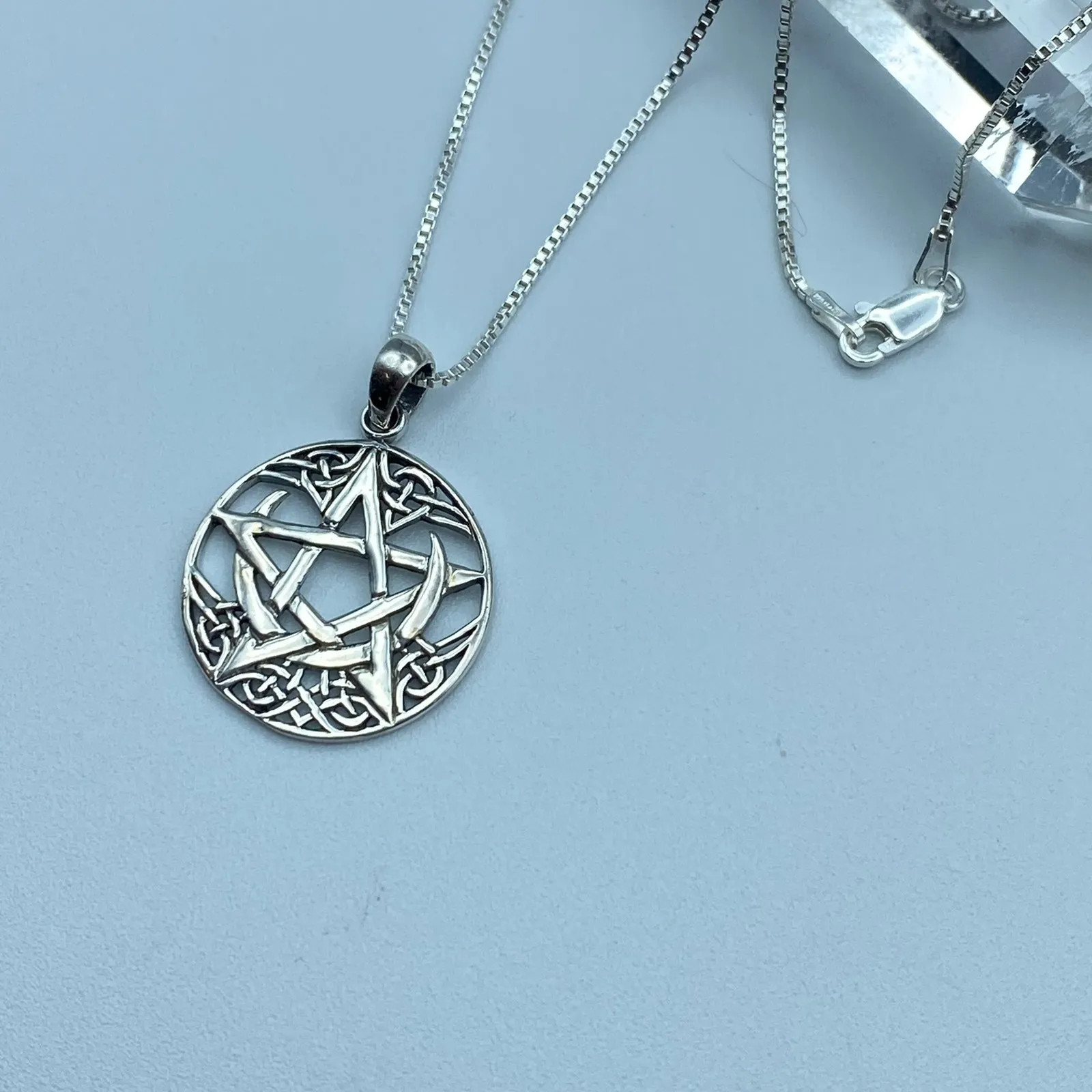 Celtic Crescent Moon With Pentagram Sterling Silver Necklace Box Chain - Image 5