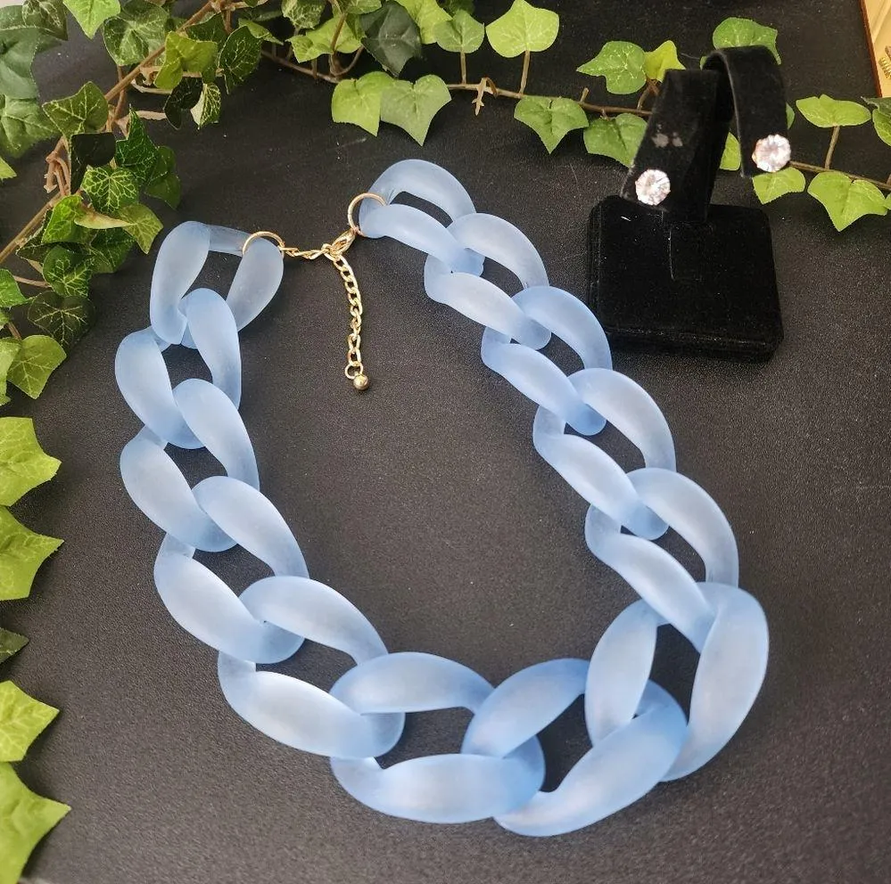 Chunky Light Blue Acrylic Chain Link Statement Necklace Earrings Set New - Image 2