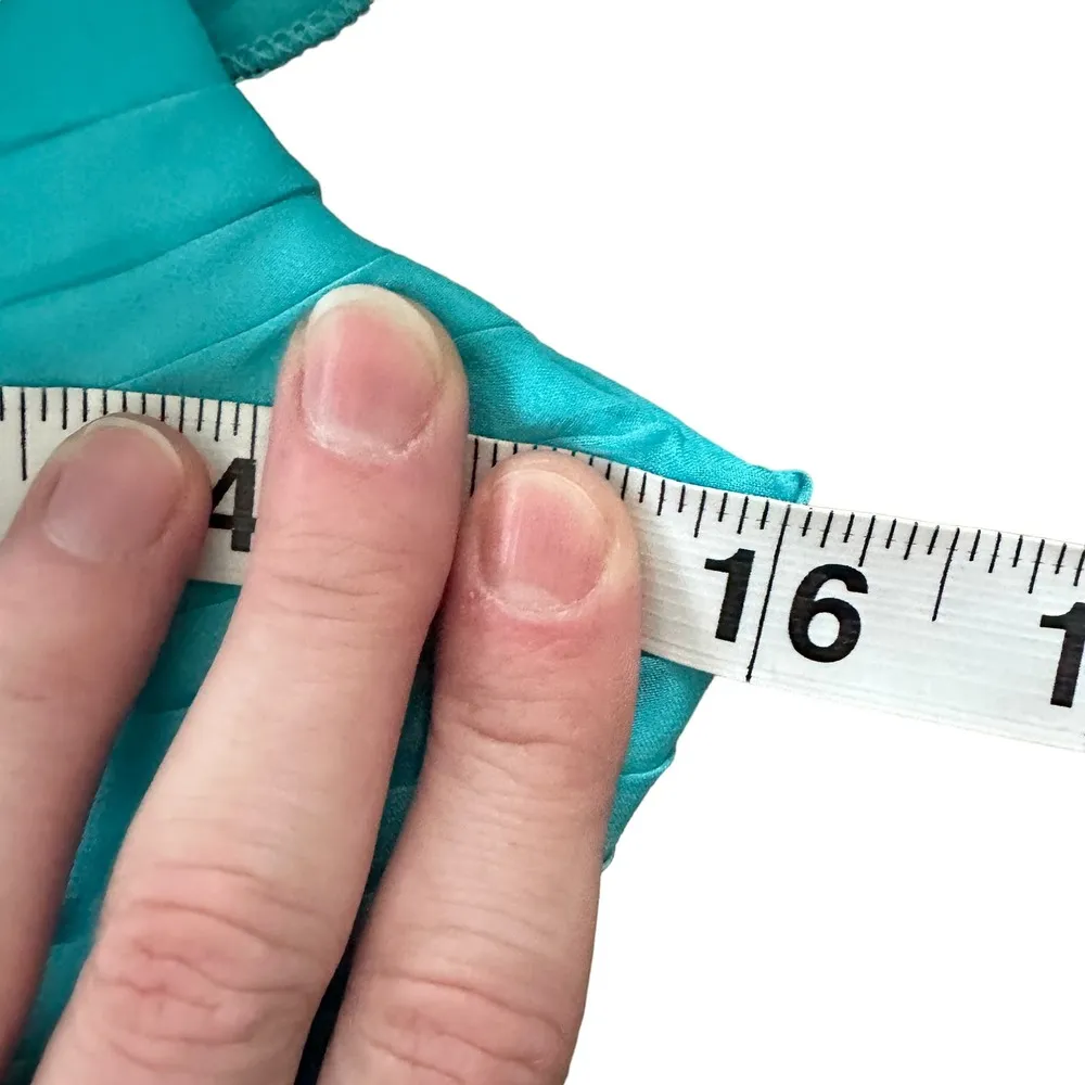 NEW Mac Duggal Ruched Ruffled Shoulder Cut Out Lace Up Gown Turquoise - Image 15