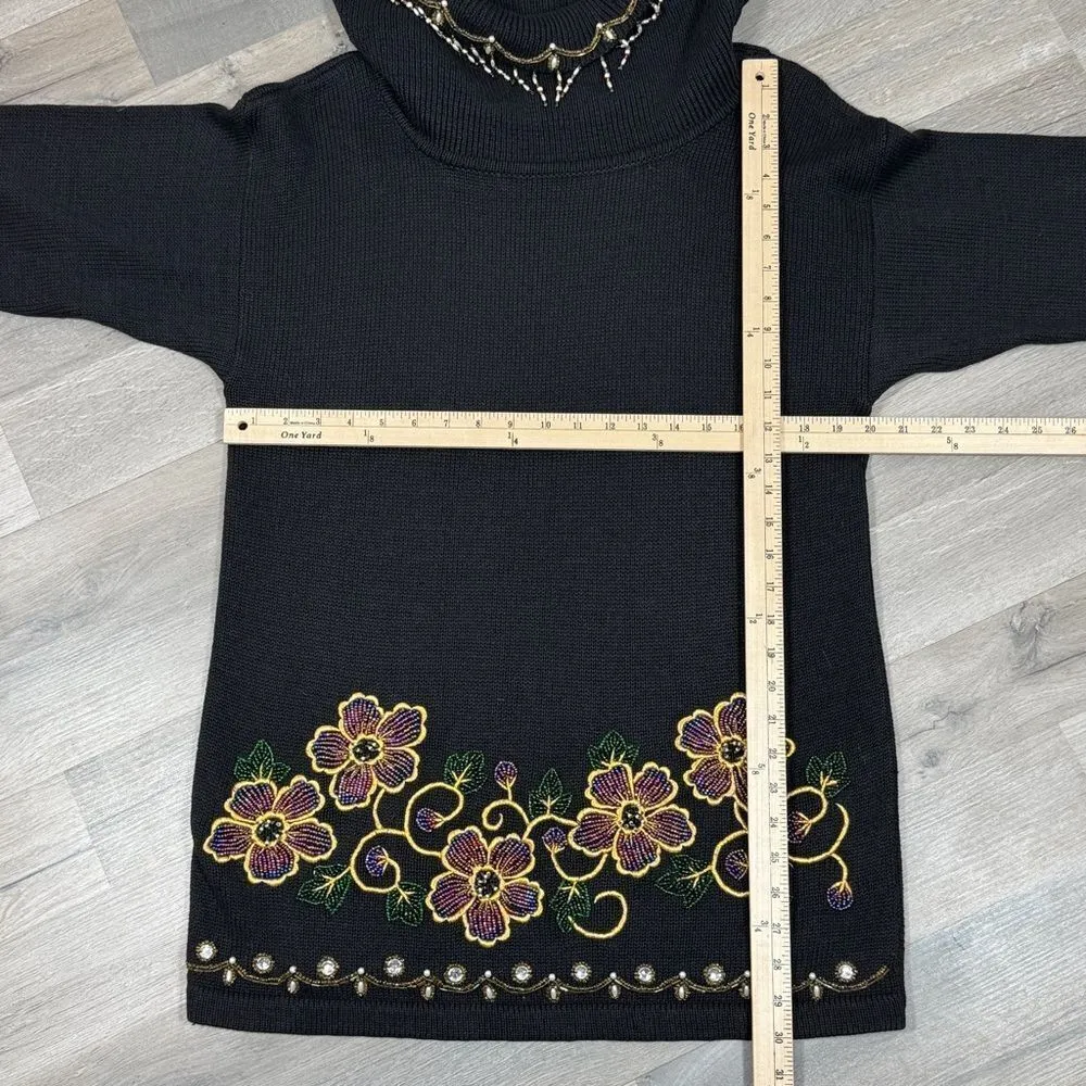 Vintage Victoria Jones 90s Floral Beaded Cowl‎ Neck Tunic Sweater Black Medium - Image 10