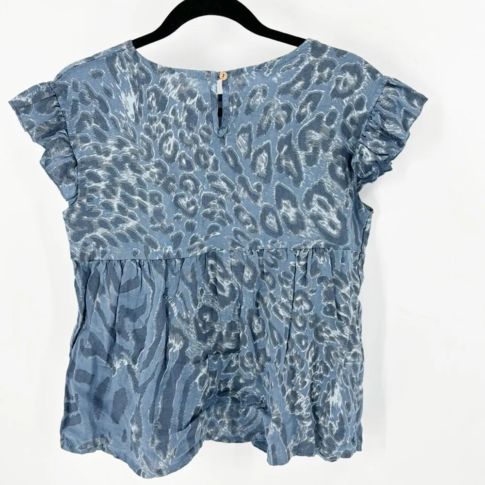 Bellambra Italy Linen Blouse Top Animal Print Leopard summer nautical beach Blue - Image 6