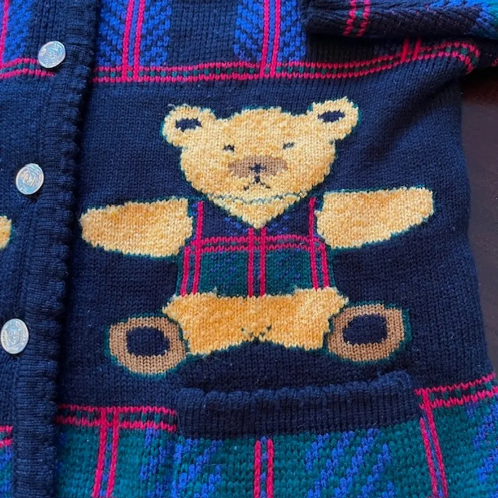 1980's AOP Teddy Bear Tartan Plaid Plush Tail Themed Cardigan Sweater Medium - Image 4