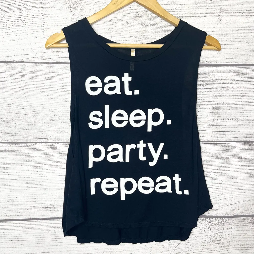 Eat. Sleep. Party. Repeat, Black Crop Top with large Arm Holes Size Medium - Image 6