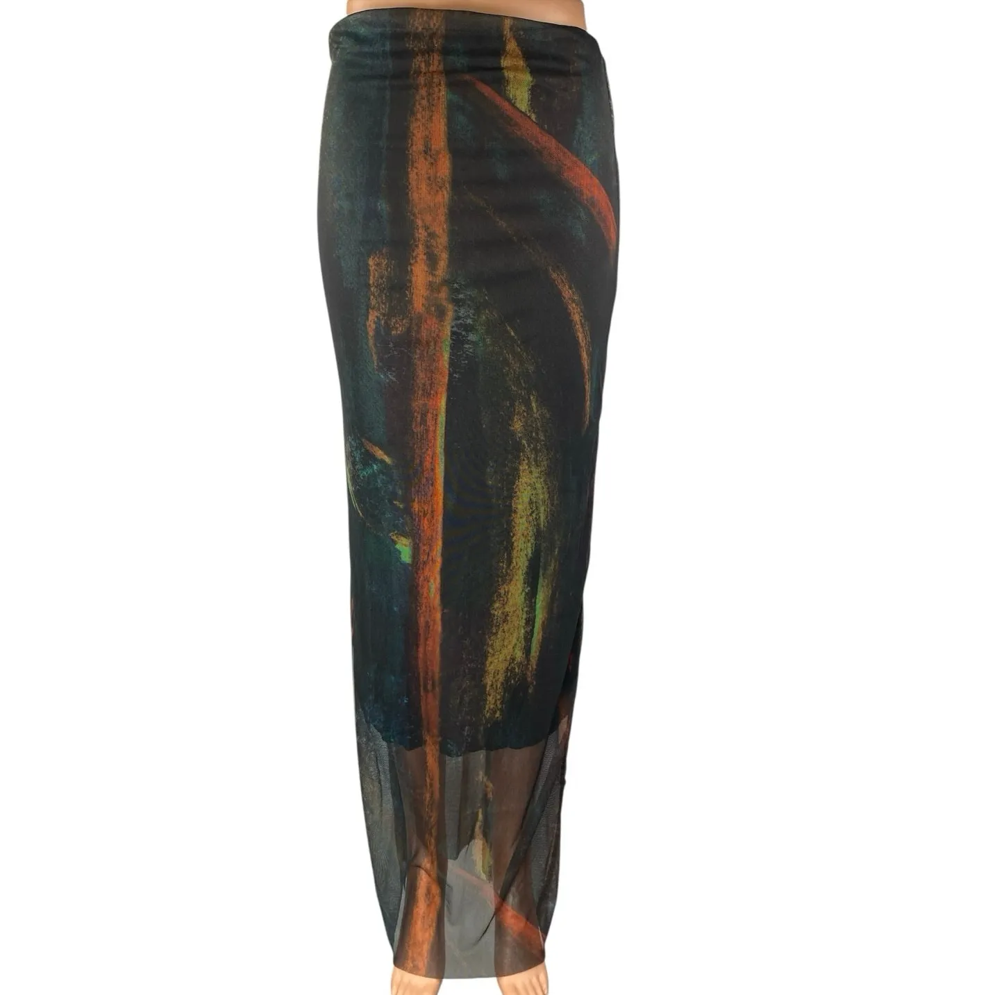 Women's Black Multicolor Abstract Paint Mesh High Waisted Maxi Skirt Size S - Image 2