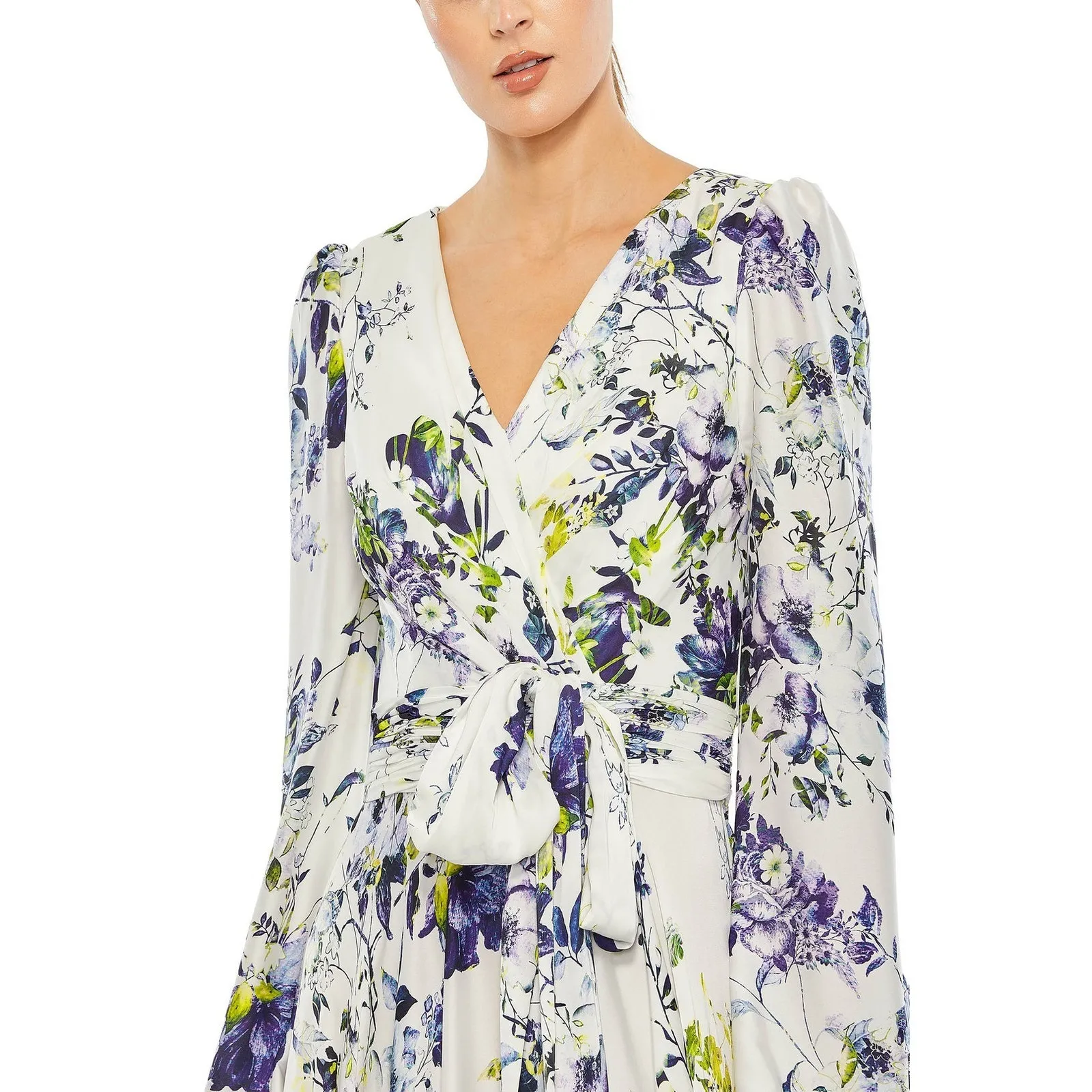 NWT Mac Duggal 11334 Floral A-Line Gown – Puff Sleeves Slit & Train Sz 2 $498 - Image 3