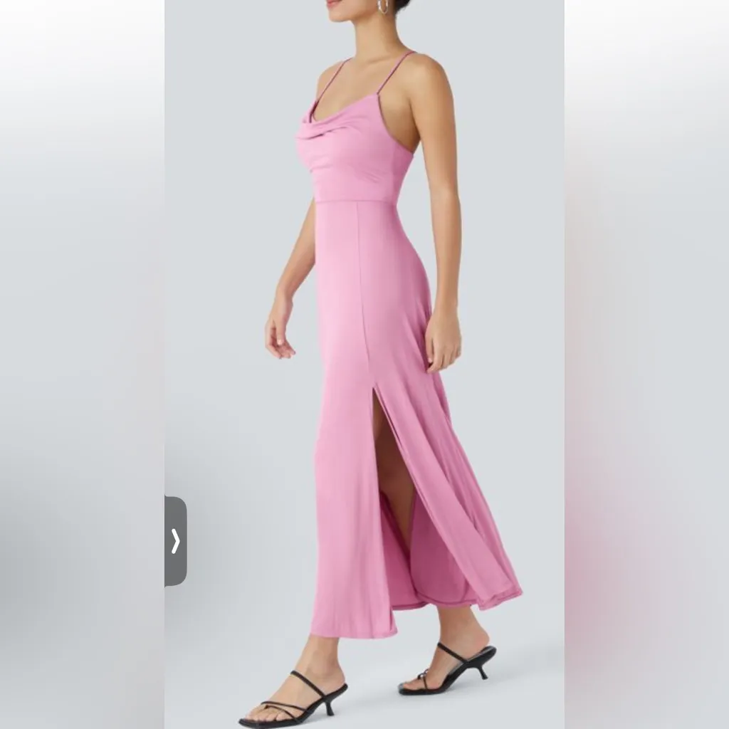 Halara Backless CrissCross Slit Midi Dress Lace Up Long Cowl Neck Pink Lilac NWT - Image 2