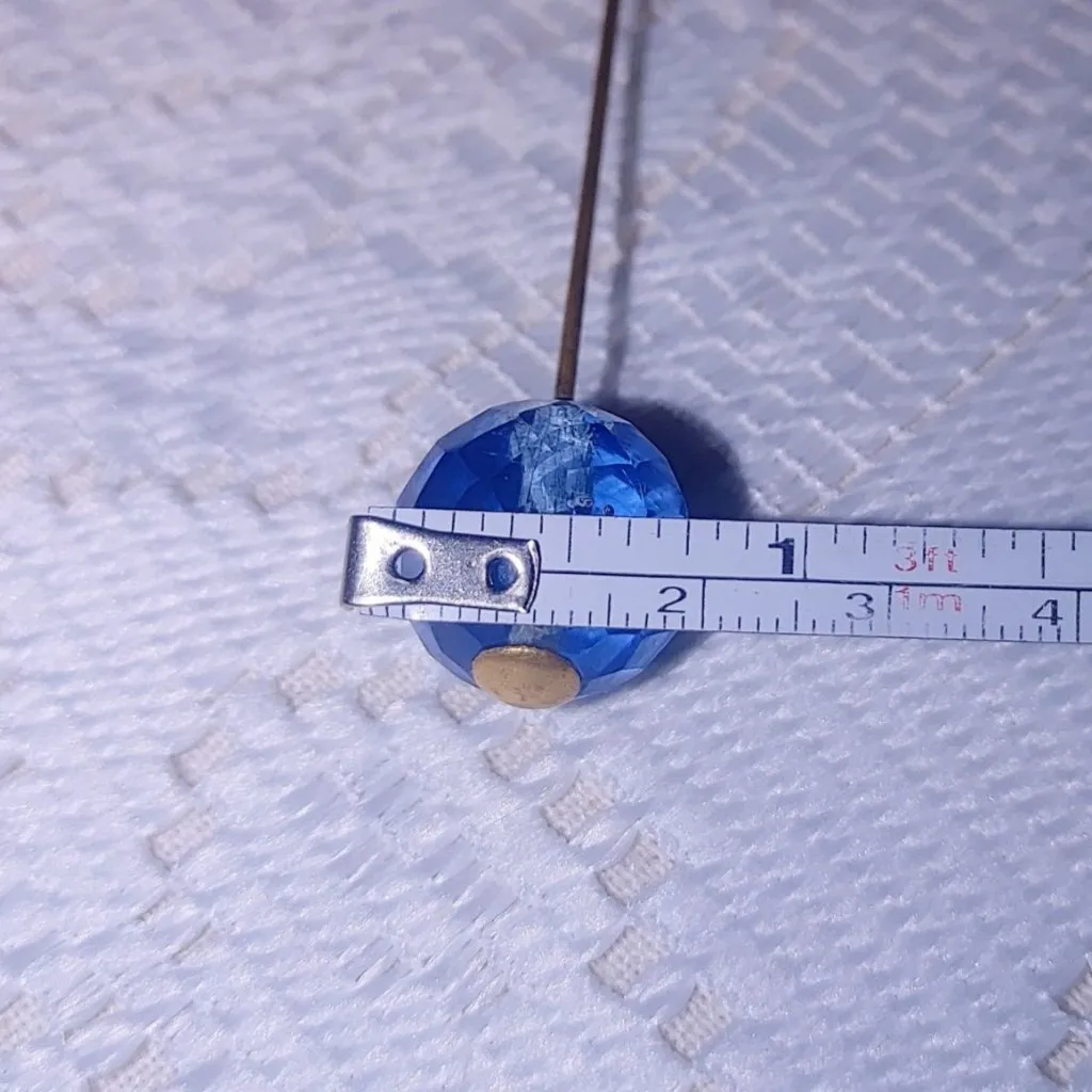 Long Hat Dress Pin Faceted Vintage Brass Blue Glass Bead Gold Tone Straight - Image 2