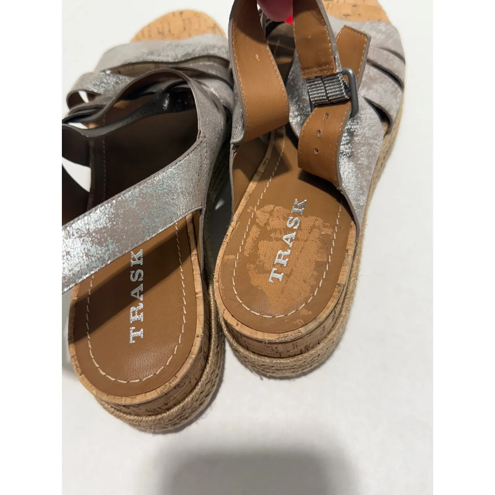 Trask Sandals‎ Cork Wedge Strappy Metallic Silver Casual Shoes Women's 11M Size 11 - Image 5