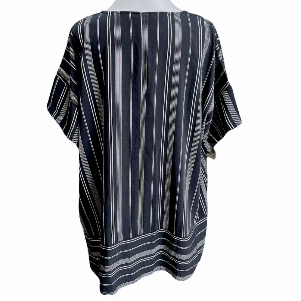 Lane Bryant Striped Asymmetrical Short Sleeve Blouse Navy Blue White Size 16 - Image 2
