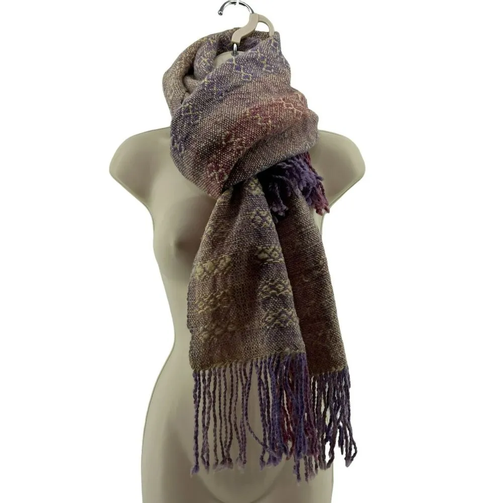 Tweed Fringed Scarf Oversized Purple Tan Pink - Image 3