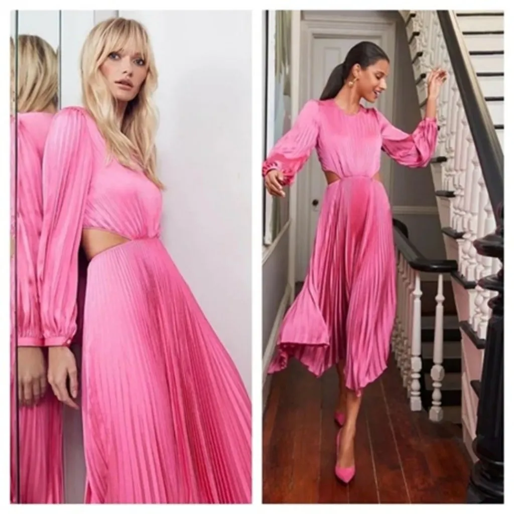 A.L.C. Naples Dress Size 8 Bright Pink Pleated Cutout Open Back Midi - Image 8