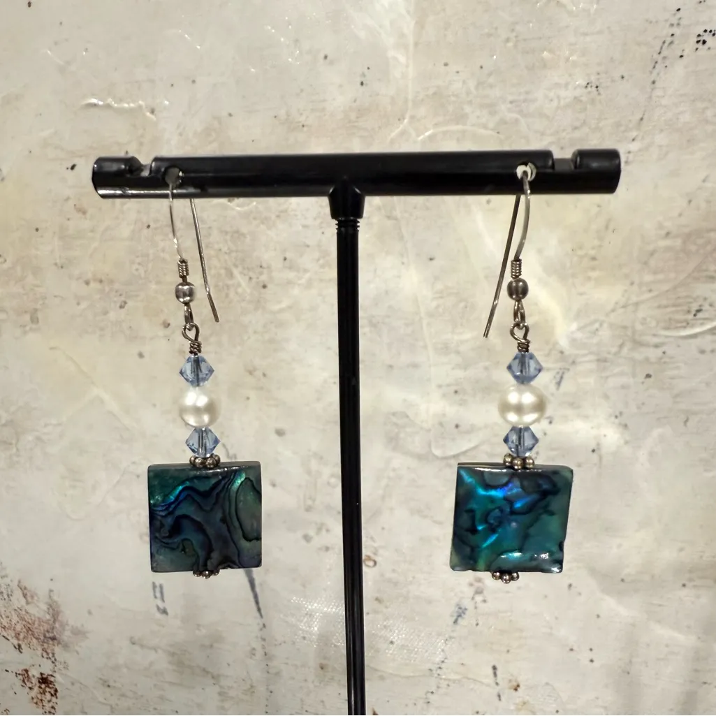 Estate Abalone Shell Pearl Crystal Sterling Silver Earrings NEVER WORN Blue - Image 3
