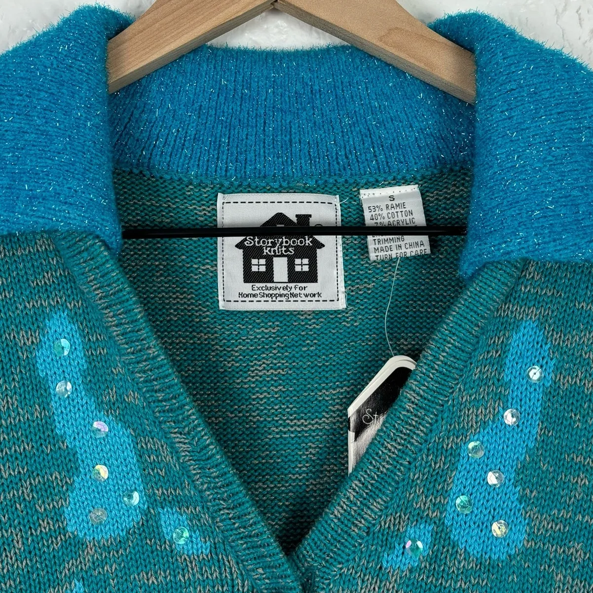 Storybook Knits Blue Sequin Button Front Collared Cardigan Sweater NWT Small - Image 4